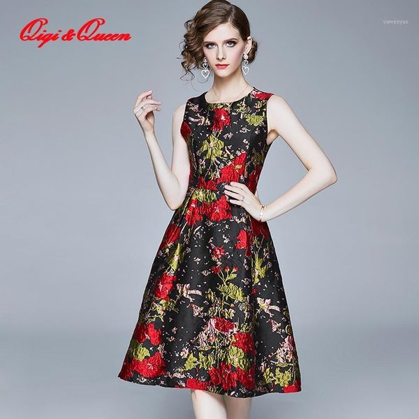 

casual dresses qiqi&queen autumn vintage runway flowers jacquard dress evening party women a-line plus size work vestidos, Black;gray