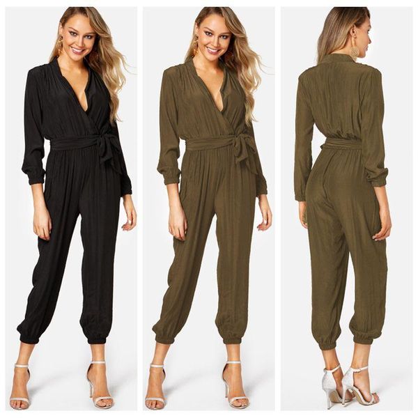 

women's jumpsuits & rompers casual loose jumpsuit romper 2021 women solid deep v neck long sleeves overalls high-waist playsuit plus si, Black;white