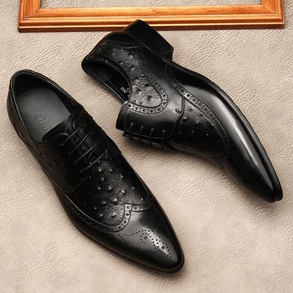 

men business dress pointed toe shoes brogue fashion genuine leather lace up wedding formal black khaki oxford shoe