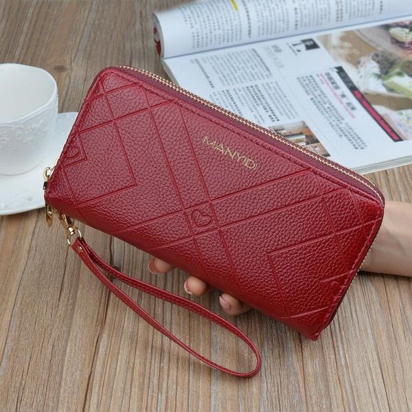 

wallets women large capacity wallet leather clutch double zippers wristlet handbag card holder phone pocket long purse, Red;black