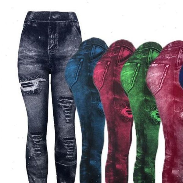 

women womens legging imitation distressed denim jeans leggings casual high waist slim elastic pencil pants sport leggins femal push up, Black