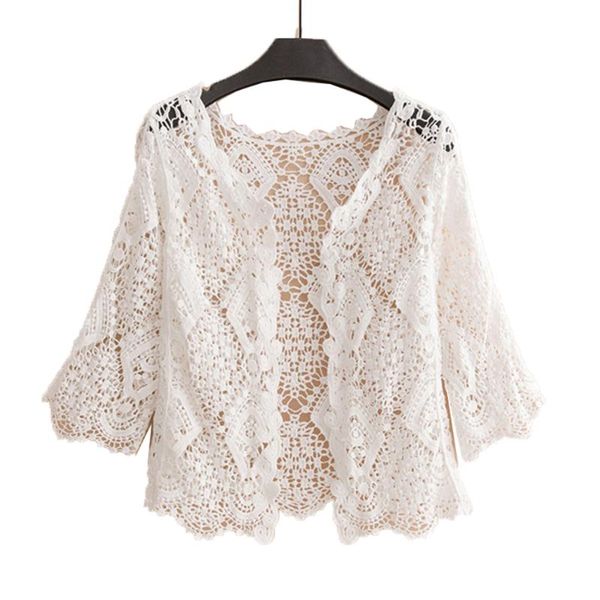 

women's jackets knitted coat cardigan middle-aged jacket summer 3/4 sleeve lace cutout knitting sun protection clothing female k156, Black;brown