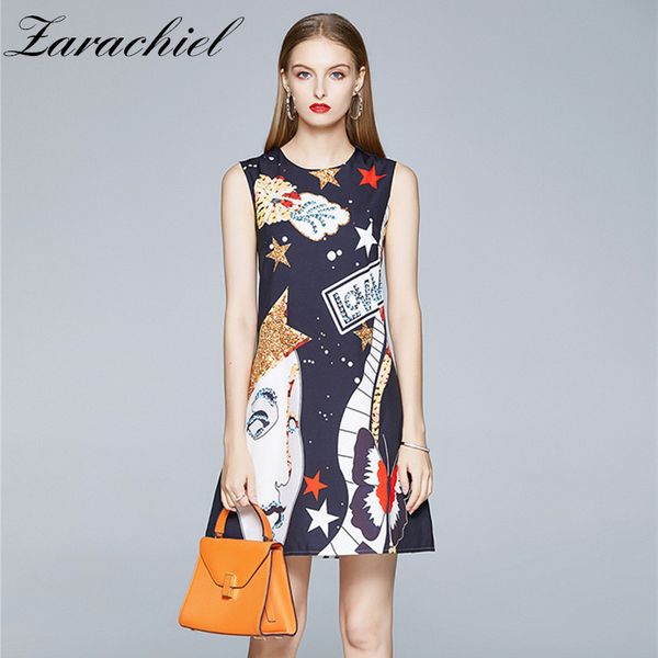 

fashion designer runway tank women summer sleeveless o-neck amazing star girl cartoon print highstreet short dress 210416, Black;gray