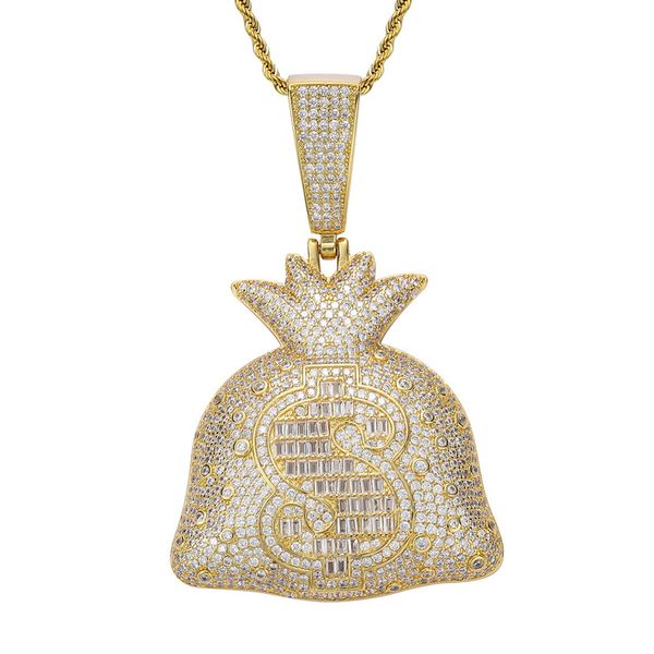 

bling 18k gold dollar sign money bag necklace jewelry set cubic zirconia diamond hip hop necklaces wallet pendant women men stainless steel, Silver
