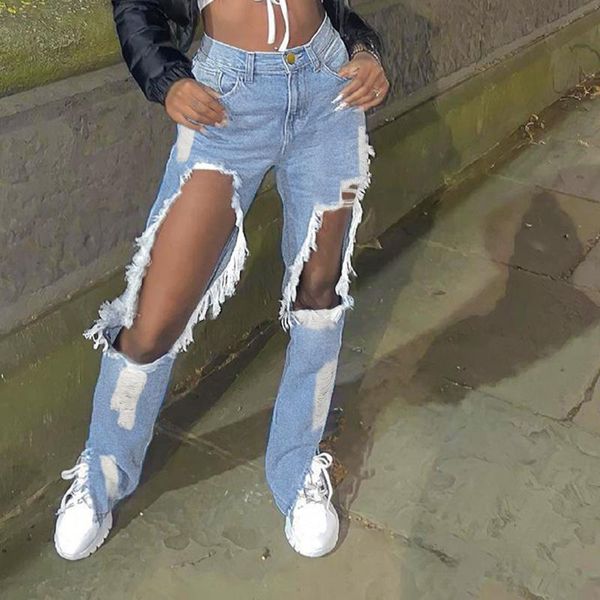 

women's jeans high waisted ripped for women fashion hollow out tassel big holes distressed straight female loose denim pants, Blue