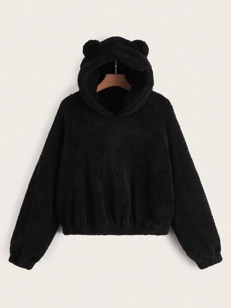 

plus drop shoulder 3d ear design teddy hoodie 89qu#, Black
