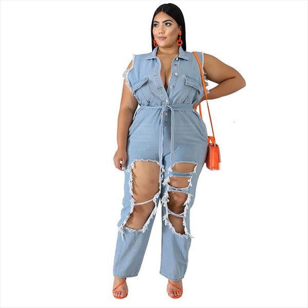 

plus size turn down collar women romper sleeveless england denim hole blue belt wholesale dropshipping, Black;white