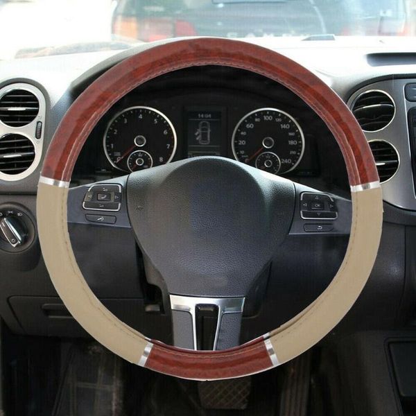 

steering wheel covers 1pcs car cover 15" wood grain for auto suv lux grip beige syn leather