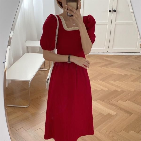 

summer short sleeves elegance sweet a-line square collar brief girls ol chic all match long dresses vestidos 210525, Black;gray