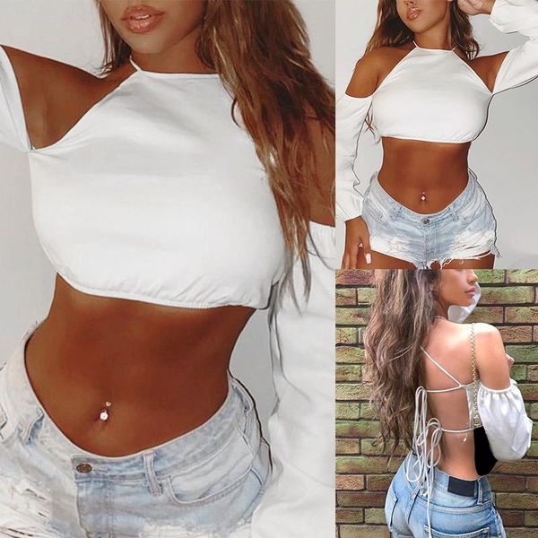 

women's t-shirt fashion halter neck exposed back tied rope hollow long sleeve short white