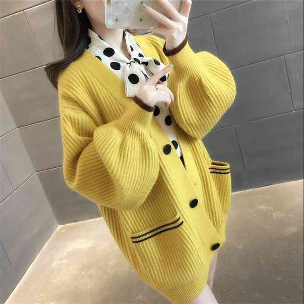 

autumn women sweater knitted long cardigans korean solid v-neck big pocket clothes loos warm jumper femme 210427, White;black