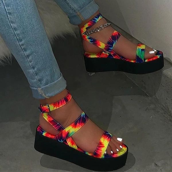 

women sandals colorful platform flat shoes summer print ladies ankle buckle strap woman 2021 female casual sandalias mujer, Black