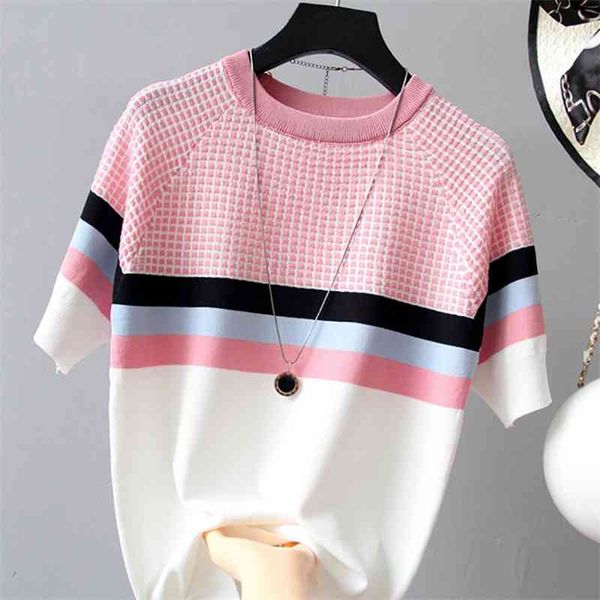 

women's knits & tees summer patchwork striped plaid knitted short sleeve pullovers women large plus size xl-4xl thin fashion, White