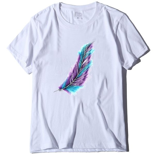

colorful feather print casual trendy women's t-shirt short sleeve, White;black