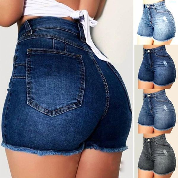 

women's jeans fashion women high waist scratched shorts girls ladies denim casual push up skinny short pants trousers, Blue