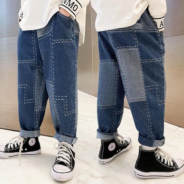 

jeans 2021 spring and autumn boy patch pocket blue korean children color matching trousers teen block 110-160