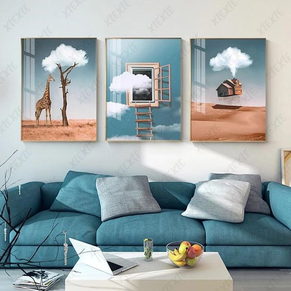 

paintings creative cloud tree poster skylight ladder canvas painting giraffe art wallpaper craft print picture decorate home bedroom