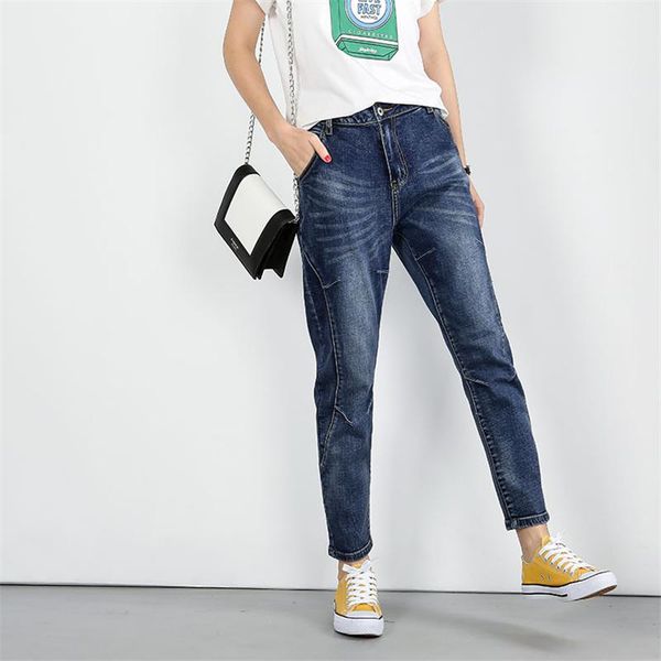 

women's jeans 1718 for women summer korean style loose patchwork solid color cotton zipper plus size denim nine point pants, Blue