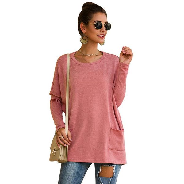 

women's t-shirt autumn solid women o-neck long sleeve loose fashion casual pockets female cotton black pullover, White