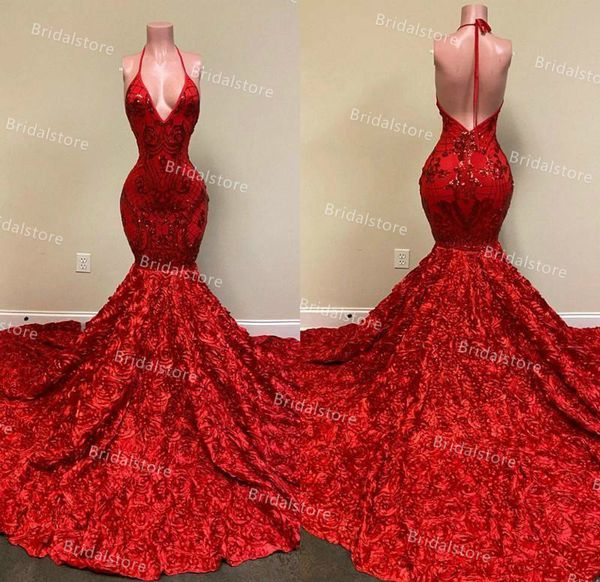 Sexy Red Sirena Abiti da sera 2021 Halter Africano Backless Black Girls Prom Dress Con Appliques Rose Florals Glitter Elegante Abito da festa di laurea formale