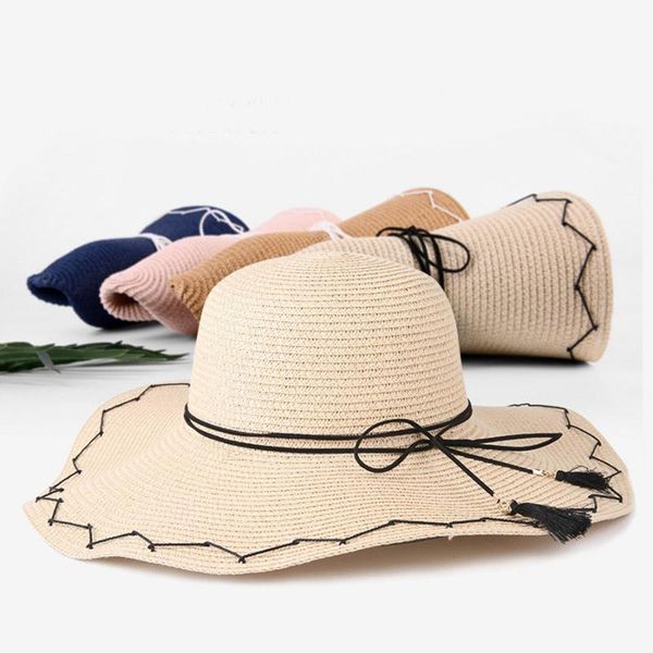 

ladies sun hats summer straw hat for women hand-threaded bow cap korean solid caps plus brim beach wide, Blue;gray