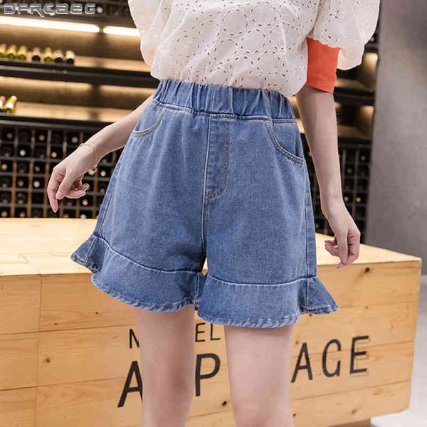 

women's shorts summer women denim casual stretch elastic waist short feminino loose big size jeans ruffles wide leg sir6, White;black