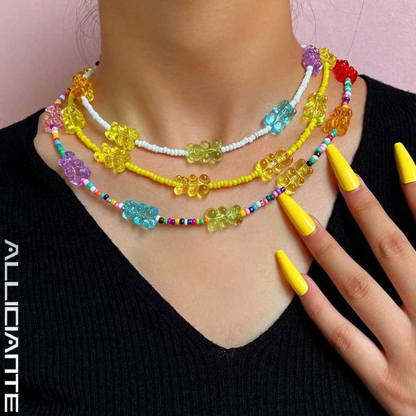 

chokers y2k candy resin gummy bear rainbow beaded necklace for women girls colorful seed bead strand cartoon choker party gifts, Golden;silver