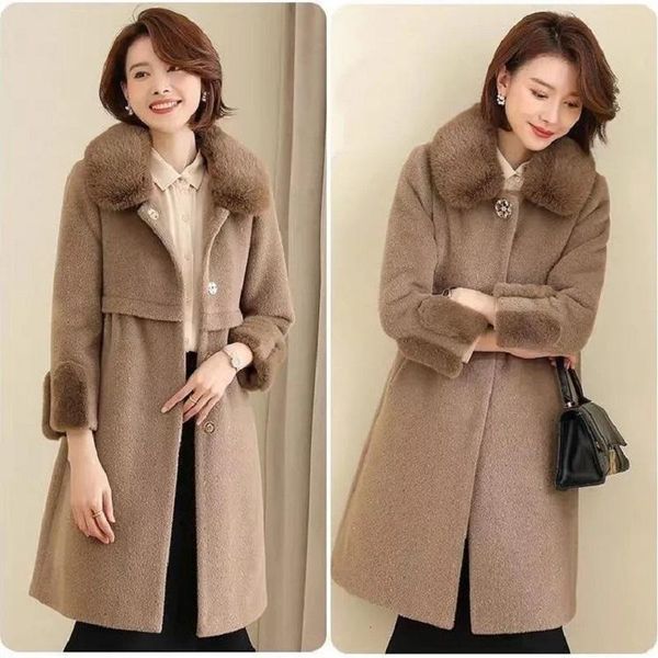 

women's wool & blends women autumn winter mink down coat middle elderly big size lady mid-long fashion plus velvet noble sheep shearing, Black