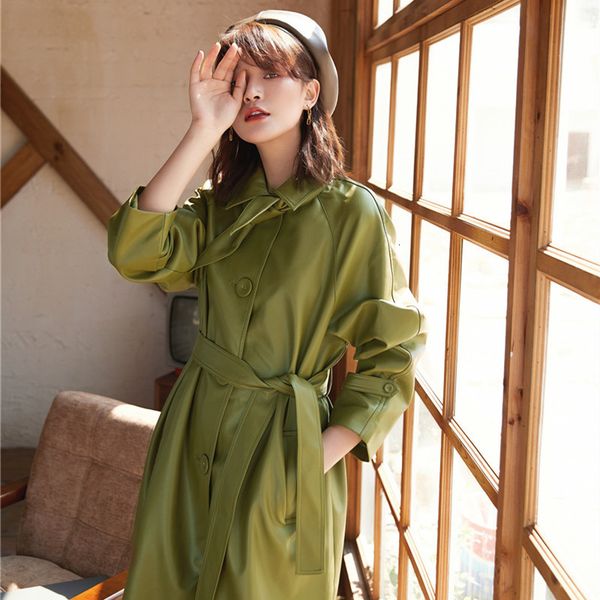 

women's trench coats spring female fashion fake mid-long leather plutonium jacket trench coat with rain belt manteau femme j3qb, Tan;black