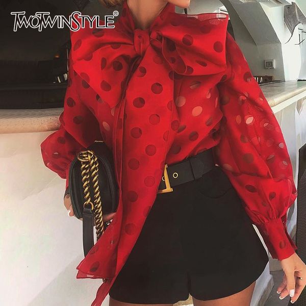 

twotwinstyle casual ruched womens blouses bow collar lantern long sleeve lace up shirts for female fashion 2021 clothing tide, White