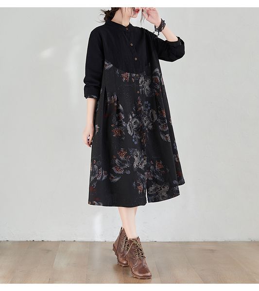 

elegant female ethnic a-line impression dressed vintage long sleeves loose comfortable spring dress, Black;gray