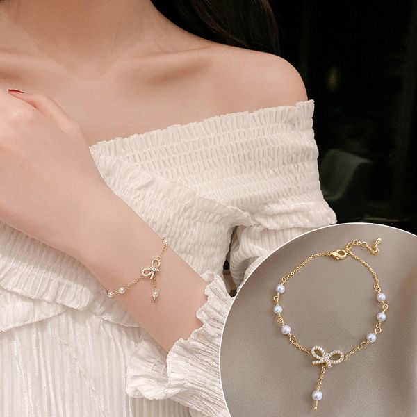 

xianlan601 web celebrity fashion bracelets female leaves bowknot pearl bracelet of hearts niche design student girlfriends hand ac, Silver