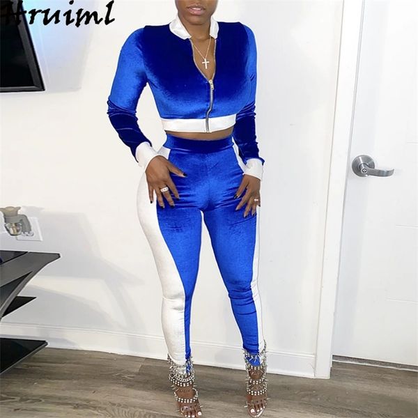 

2 piece sets womens outfits autumn winter fashion color matching long sleeve casual pencil trousers suit velour tracksuit 210513, White