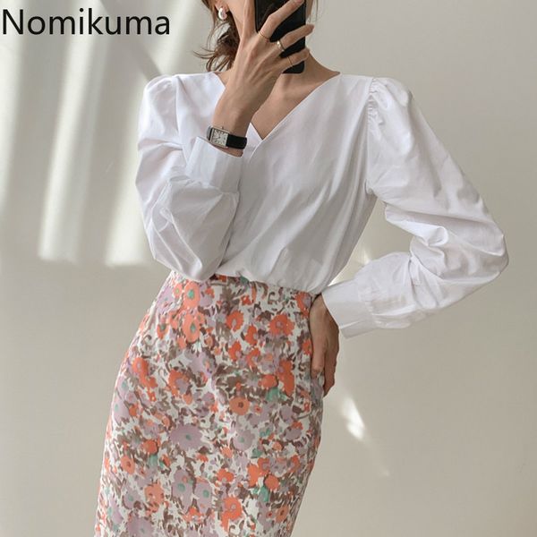 Nomikuma Blusas Mujer V-ausschnitt Langarm Shirts Einfarbig Casual Lose Seite Zipper Bluse Frauen Koreanische Mode Tops 3c708 210514