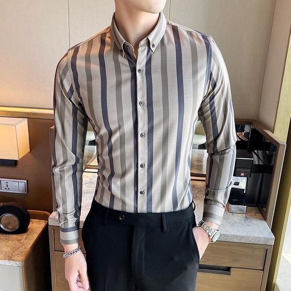 

men's casual shirts 2021 autumn fashion stripe shirt chemise homme long sleeve slim fit dress streetwear formal club prom tuxedo, White;black