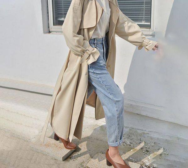 

women's trench coats 2021 autumn fashion long length double lapel collar sashe coat high end england style clothes mx119, Tan;black