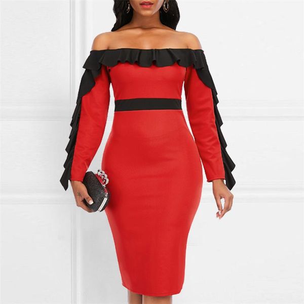 

casual dresses red for women elegant bodycon off shoulder long sleeve ruffles midi dress party date night spring fall 2021, Black;gray