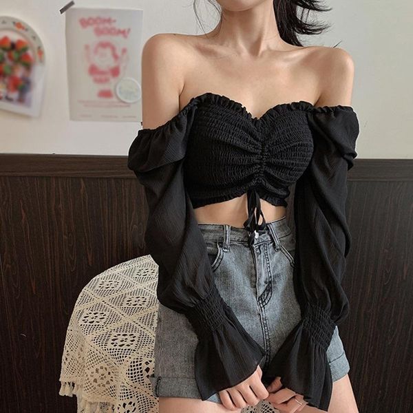 

navel exposed chiffon blouse women fashion square collar shirt korean long sleeve blouses women's & shirts, White