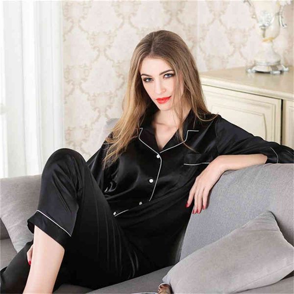 

womens pajamas home service suit ladies loose casual solid color cardigan long-sleeved quality simulation silk pajama set, Black;red