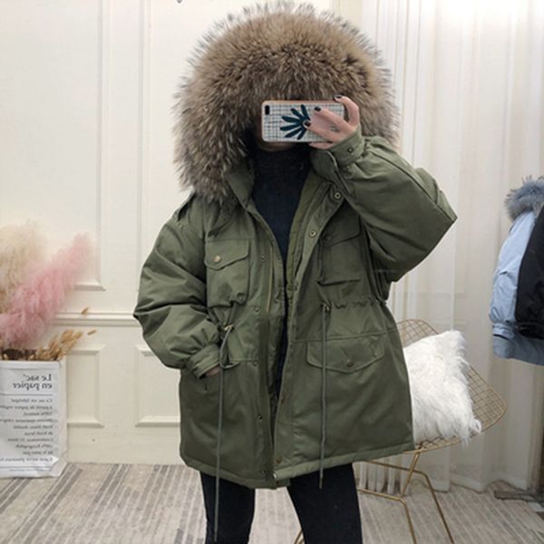 

women's down & parkas white duck coat women winter jackets large natural raccoon fur hooded female sash tie up warm snow outwear qm83, Black