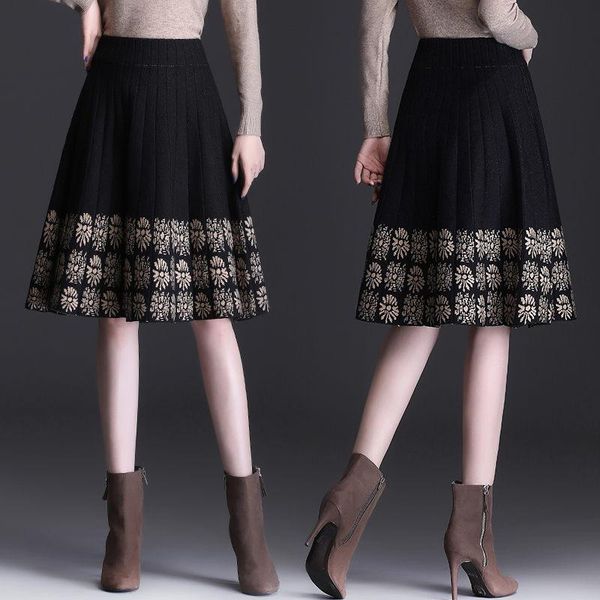 

skirts midi knitted skirt autumn and winter women's pleated woolen flower a-line umbrella elegant femme jupe high waist y1165, Black