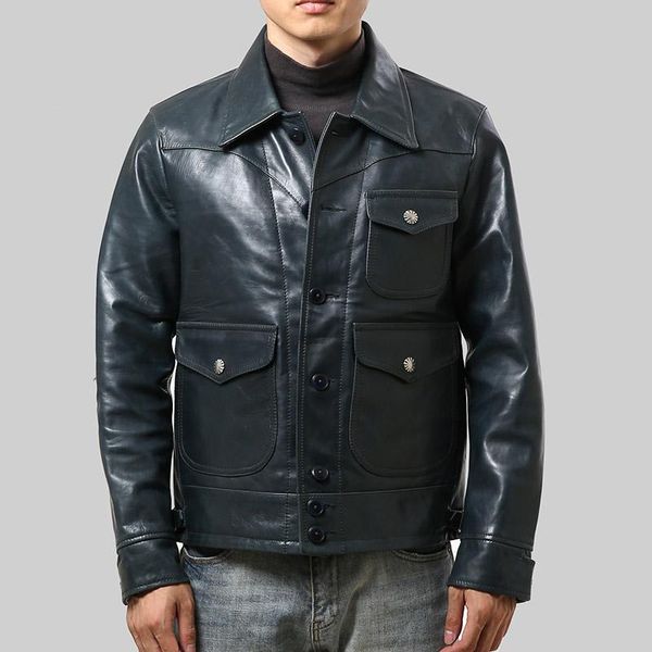 

men's leather & faux 1935 read description asian size excellent cow winter jacket classic cowhide coat, Black