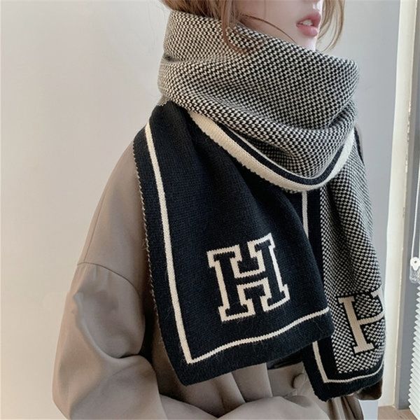 

korean scarf winter warm rectangular stripe grey jacquard warp knitted, Blue;black