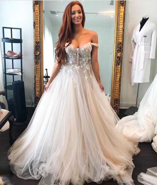 

off shoulder lace a line wedding dresses appliqued sweep train lace-up back tulle plus size bridal gowns vestidos de noiva, White
