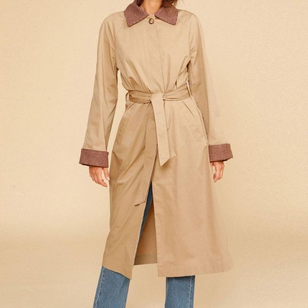 

women's trench coats houndstooth lining women coat 2021 autumn winter fashion casual temperament lady long, Tan;black
