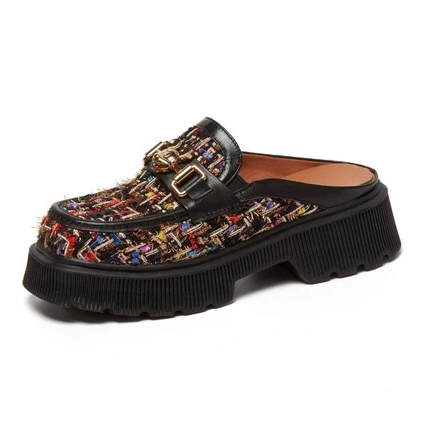 Pelle di mucca Punta tonda Tacchi alti Chiusure in metallo Fondo spesso Ragazze coreane Young Lady Slip On Mules Pompe da donna L59 Scarpe eleganti