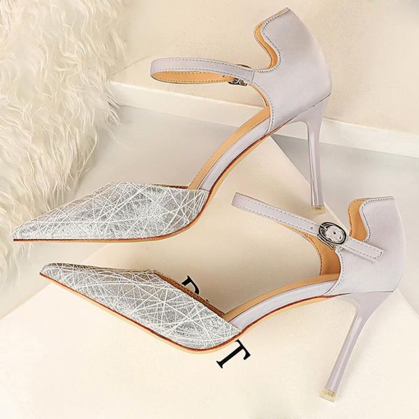 

women summer 8.5cm high heels prom sandals lady sequins glitter mesh pumps female valentine gold silver strap shoes, Black
