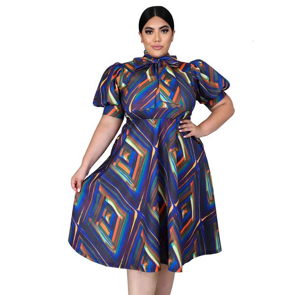 

ins test color stripred printing women a-line plus size graceful bow neck y sleeve ol style knee-length es, White;black