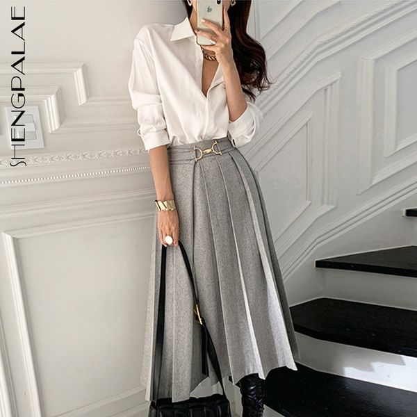 

shengpalae lapel loose long sleeve shirt + high waist ring button woolen pleated skirt two piece sets for women in spring 5a1307 210407, White