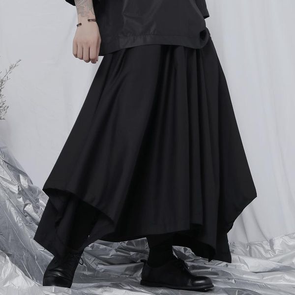 

men's pants irregular hem nine point casual japanese fashion niche loose large wide leg skirt autumn, Black